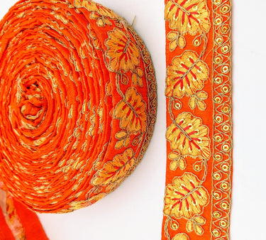 Orange Trim with Floral Embroidery Beige Embroidered Leaves Trim, Decorative Trim, Indian Border